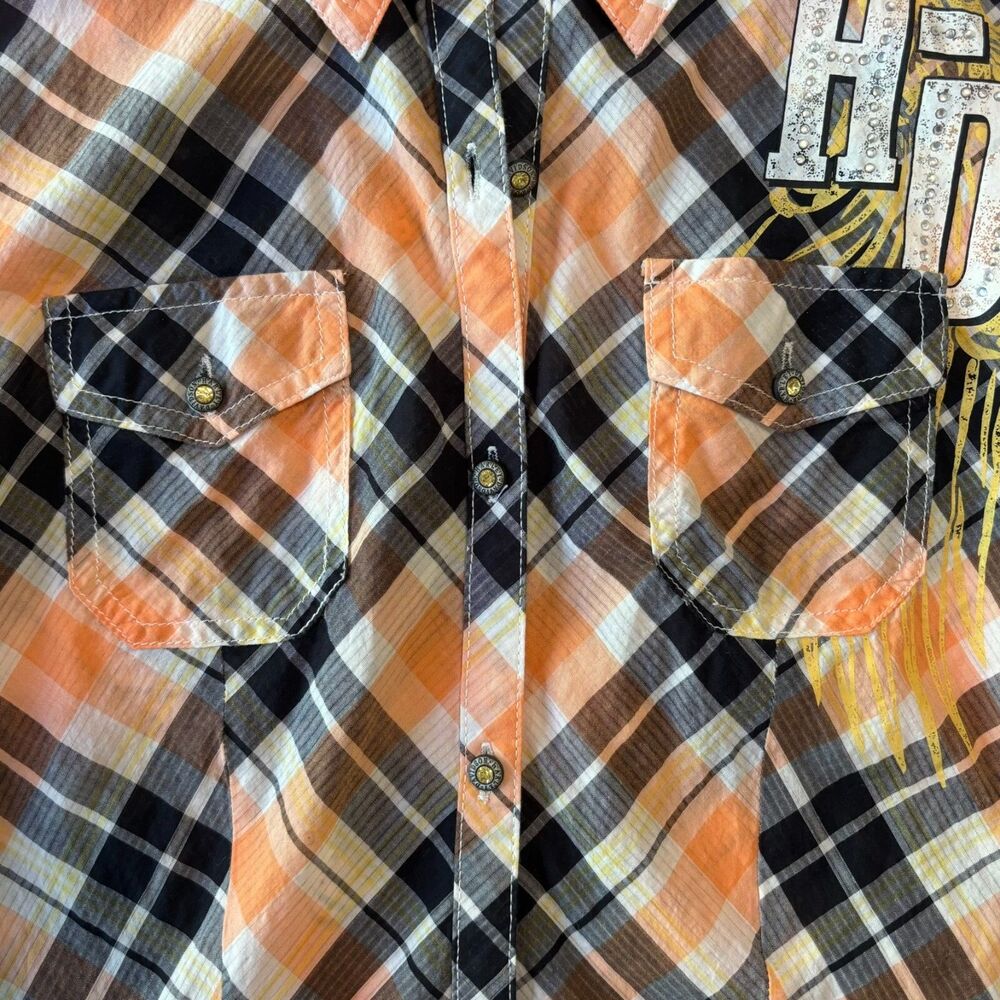 Harley Davidson Button Up Shirt Womens M Orange Plaid Rhinestone Angel Back Logo - Picture 15 of 16
